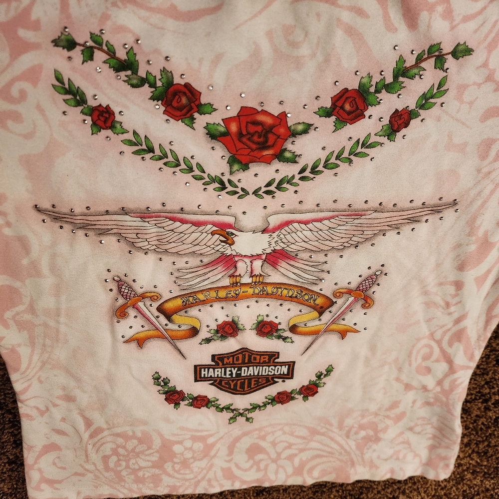 Vtg Y2K 2004 Harley Davidson Long Sleeve Shirt Top White Pink Roses Eagle M